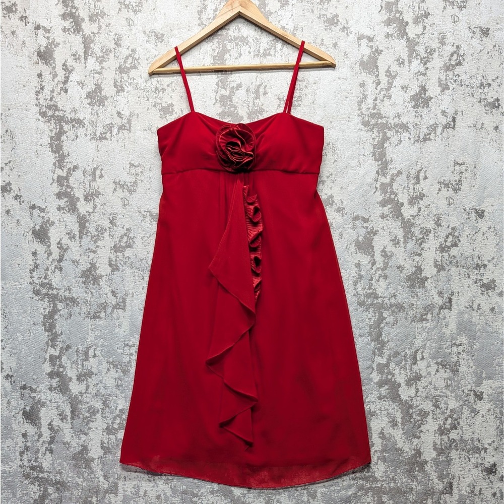Paul Brial Red Empire Waist Ruffle Front Rosette Flower Cocktail Dress Mini